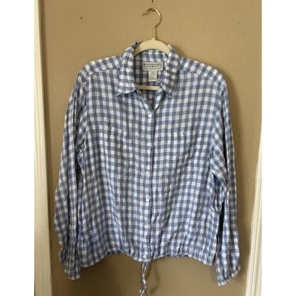 Talbots Top Women L Drawstring Blue Linen Gingham Plaid Long Sleeve Capsule VTG - Picture 1 of 12